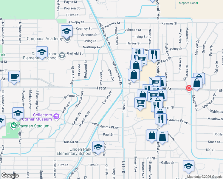 map of restaurants, bars, coffee shops, grocery stores, and more near 1385 1st Street in Idaho Falls