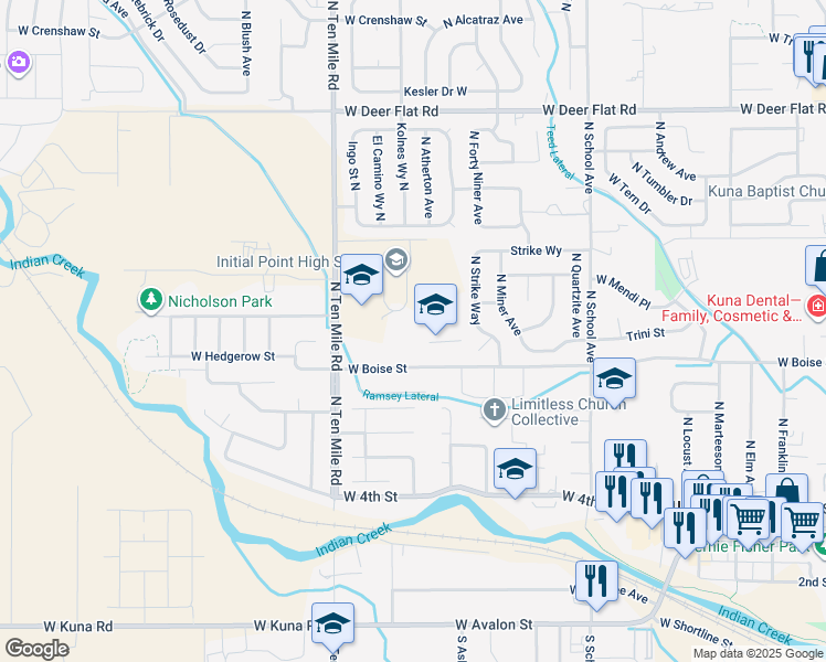 map of restaurants, bars, coffee shops, grocery stores, and more near 1360 West Boise Street in Kuna