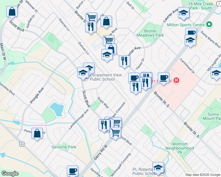 map of restaurants, bars, coffee shops, grocery stores, and more near 119 McCready Drive in Milton