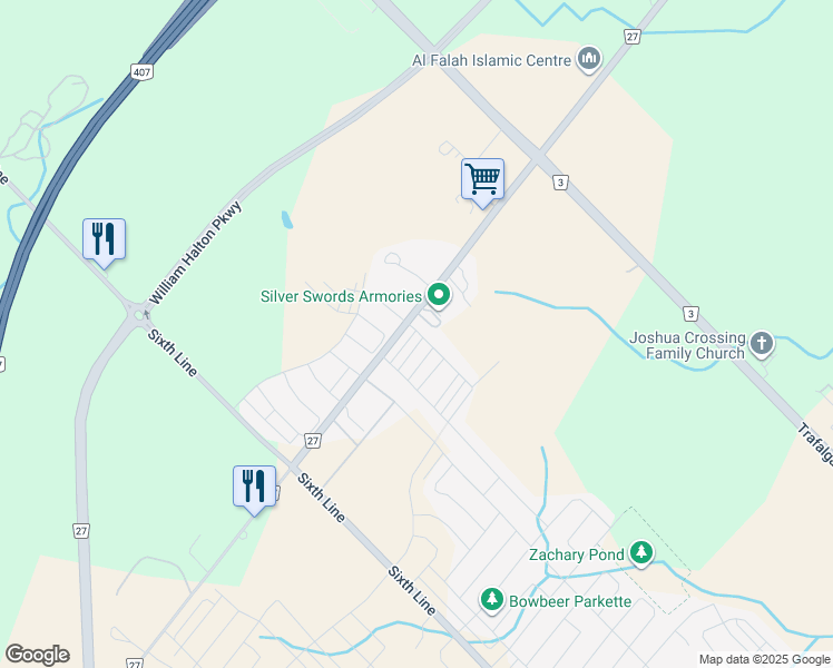 map of restaurants, bars, coffee shops, grocery stores, and more near 3486 Eternity Way in Oakville