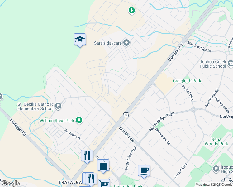 map of restaurants, bars, coffee shops, grocery stores, and more near 3040 Robert Lamb Boulevard in Oakville