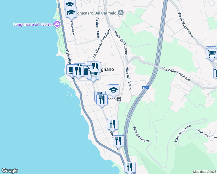 map of restaurants, bars, coffee shops, grocery stores, and more near 29 Via Elio Zeme in Livorno