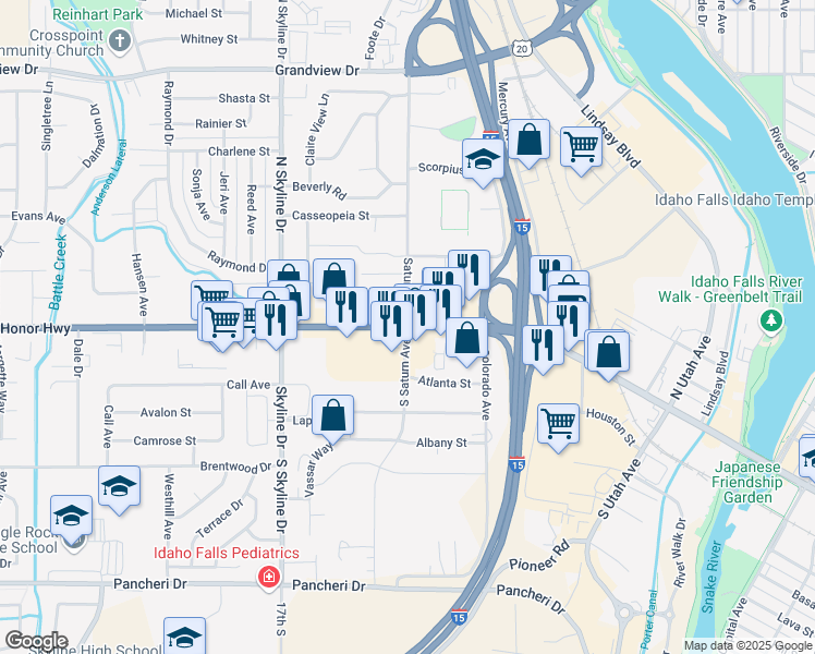 map of restaurants, bars, coffee shops, grocery stores, and more near 650 Saturn Avenue in Idaho Falls