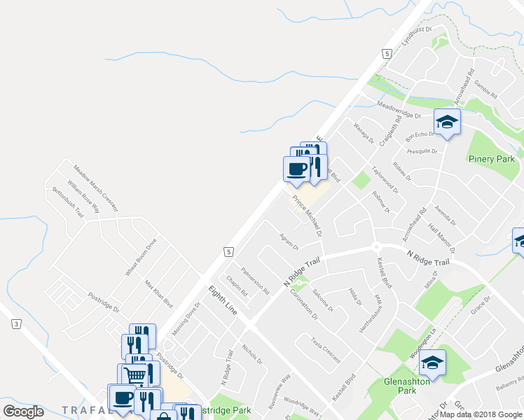 map of restaurants, bars, coffee shops, grocery stores, and more near 1039 Dundas Street East in Oakville