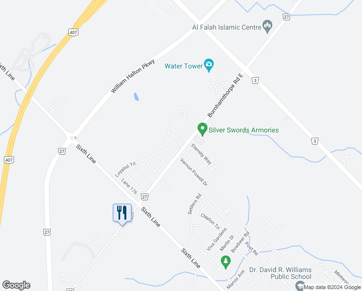 map of restaurants, bars, coffee shops, grocery stores, and more near 121 Burnhamthorpe Road East in Oakville