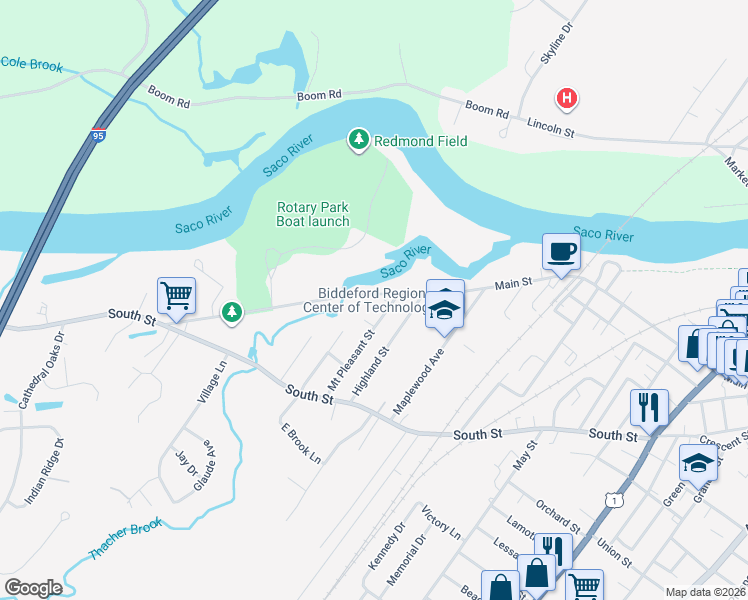 map of restaurants, bars, coffee shops, grocery stores, and more near 533 Main Street in Biddeford