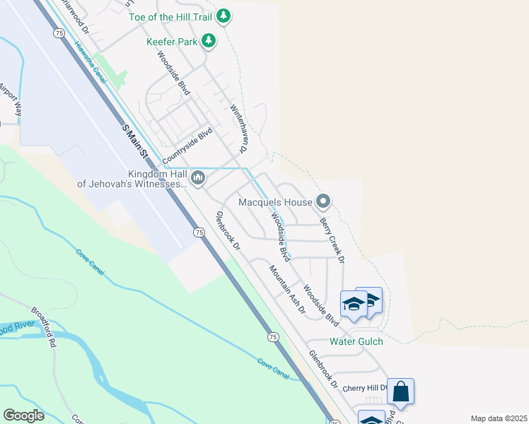 map of restaurants, bars, coffee shops, grocery stores, and more near 2951 Woodside Boulevard in Hailey