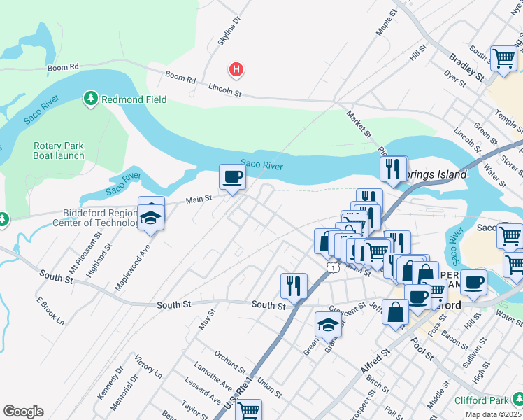 map of restaurants, bars, coffee shops, grocery stores, and more near 415 Main Street in Biddeford