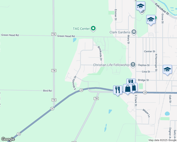 map of restaurants, bars, coffee shops, grocery stores, and more near 1689 Dayton Street in Mayville