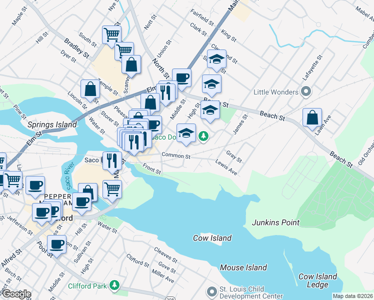 map of restaurants, bars, coffee shops, grocery stores, and more near 80 Common Street in Saco