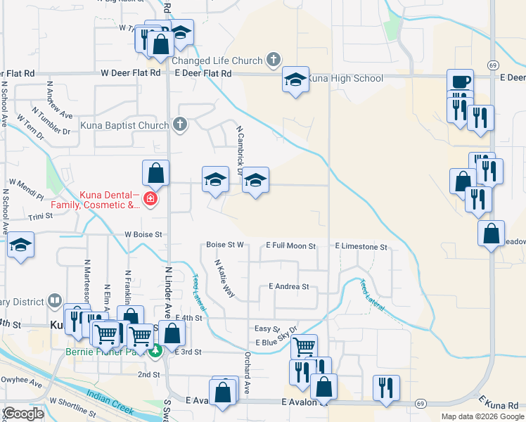map of restaurants, bars, coffee shops, grocery stores, and more near 311 East Porter Street in Kuna