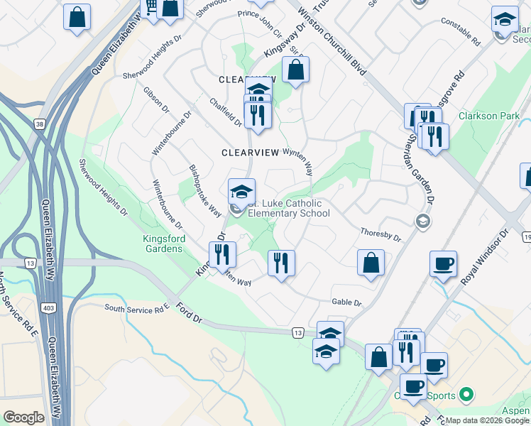 map of restaurants, bars, coffee shops, grocery stores, and more near 2796 Huntingdon Trail in Oakville