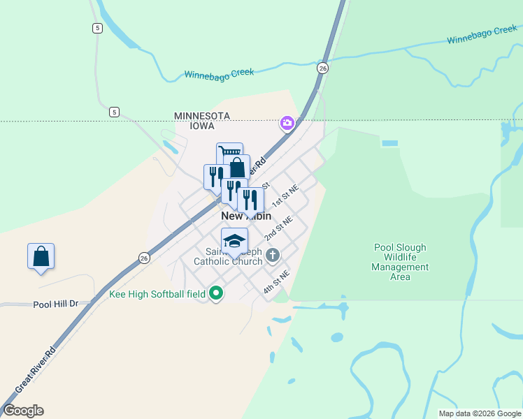 map of restaurants, bars, coffee shops, grocery stores, and more near 189 Plum Street in New Albin