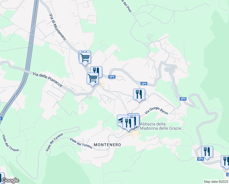 map of restaurants, bars, coffee shops, grocery stores, and more near 374 Via di Montenero in Livorno