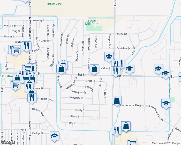 map of restaurants, bars, coffee shops, grocery stores, and more near 138 Eastview Drive in Idaho Falls