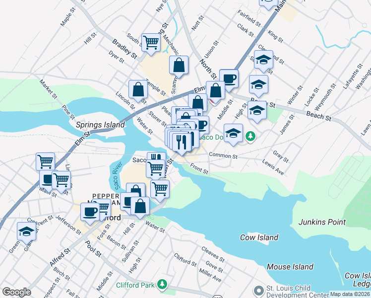 map of restaurants, bars, coffee shops, grocery stores, and more near 209 Main Street in Saco