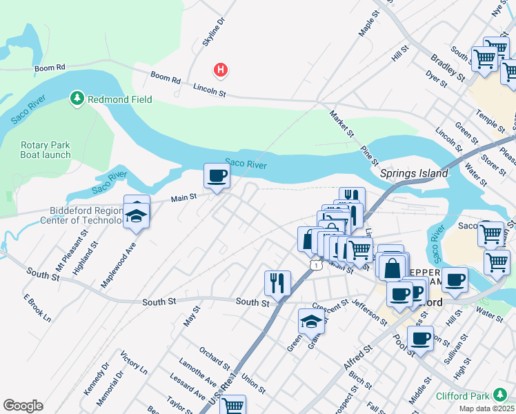 map of restaurants, bars, coffee shops, grocery stores, and more near 410 Main Street in Biddeford