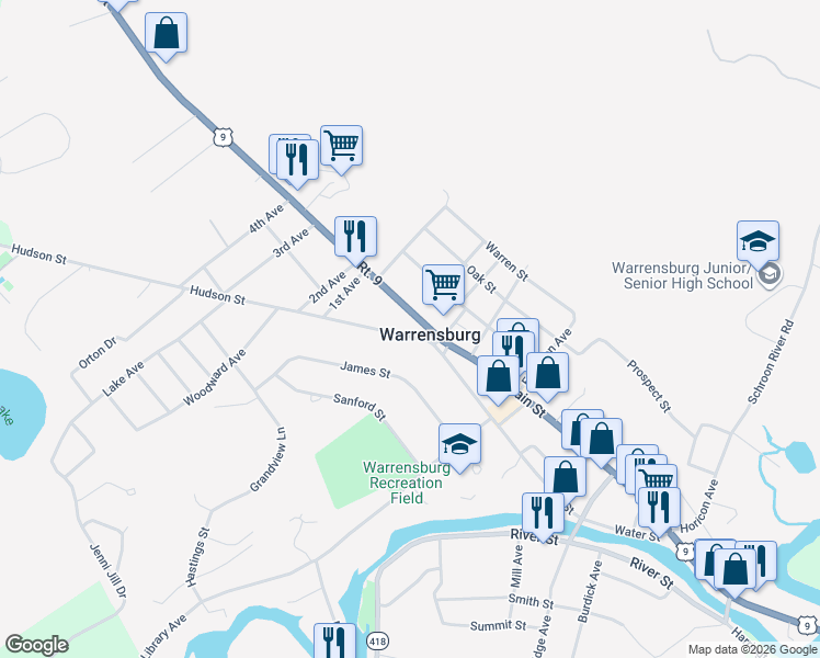 map of restaurants, bars, coffee shops, grocery stores, and more near 16 Hudson Street in Warrensburg