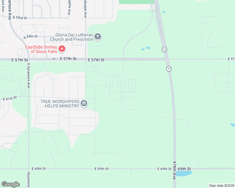 map of restaurants, bars, coffee shops, grocery stores, and more near 47765 East 57th Street in Sioux Falls