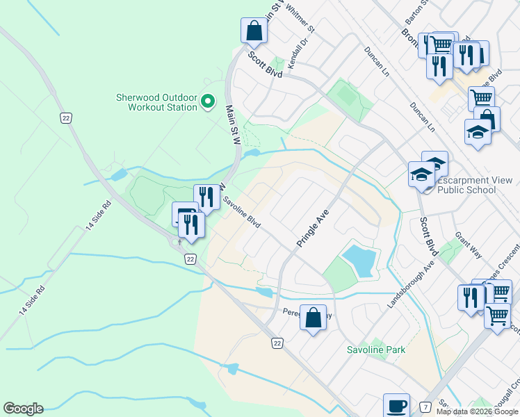 map of restaurants, bars, coffee shops, grocery stores, and more near 350 Kincardine Terrace in Milton
