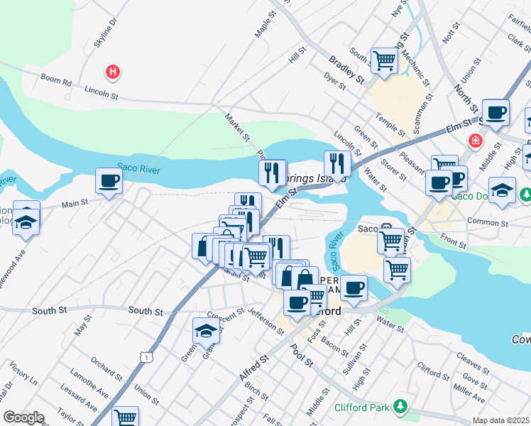 map of restaurants, bars, coffee shops, grocery stores, and more near 88 Elm Street in Biddeford