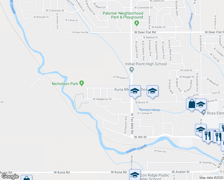 map of restaurants, bars, coffee shops, grocery stores, and more near 915 North Cornflower Avenue in Kuna