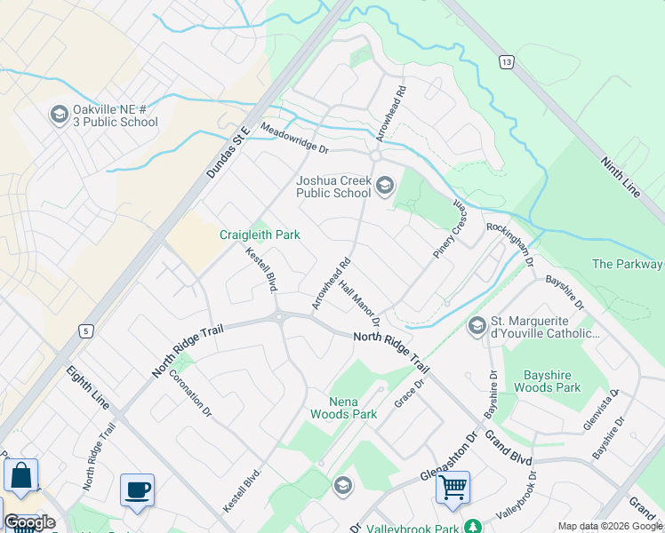 map of restaurants, bars, coffee shops, grocery stores, and more near 1367 Arrowhead Road in Oakville