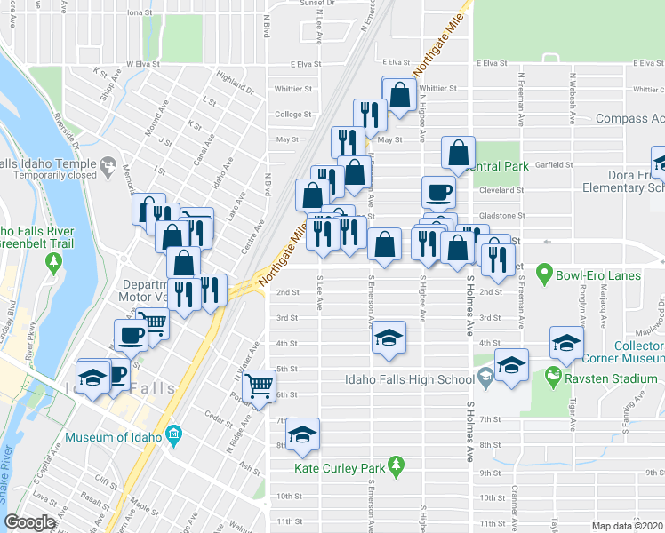 map of restaurants, bars, coffee shops, grocery stores, and more near 220 1st Street in Idaho Falls