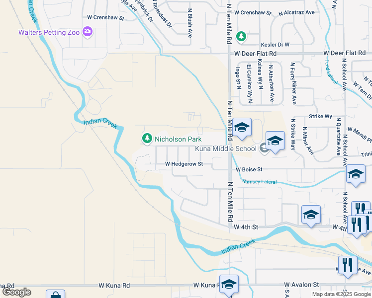 map of restaurants, bars, coffee shops, grocery stores, and more near 915 North Windflower Avenue in Kuna