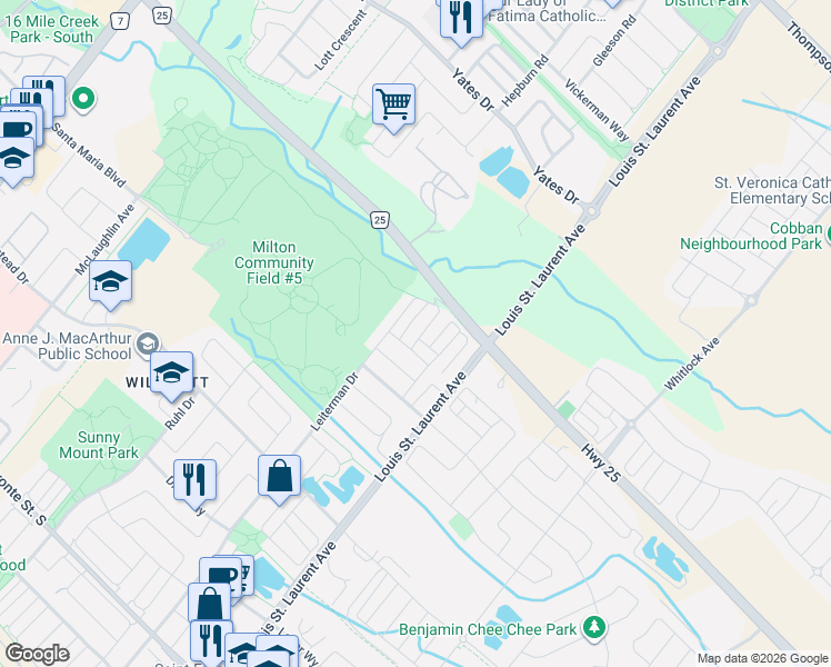map of restaurants, bars, coffee shops, grocery stores, and more near 632 Attenborough Terrace in Milton