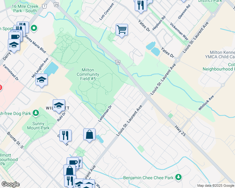 map of restaurants, bars, coffee shops, grocery stores, and more near 533 Attenborough Terrace in Milton