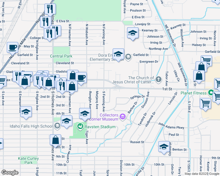 map of restaurants, bars, coffee shops, grocery stores, and more near 835 1st Street in Idaho Falls