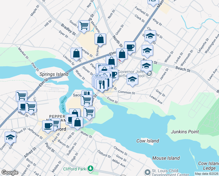 map of restaurants, bars, coffee shops, grocery stores, and more near 209 Main Street in Saco