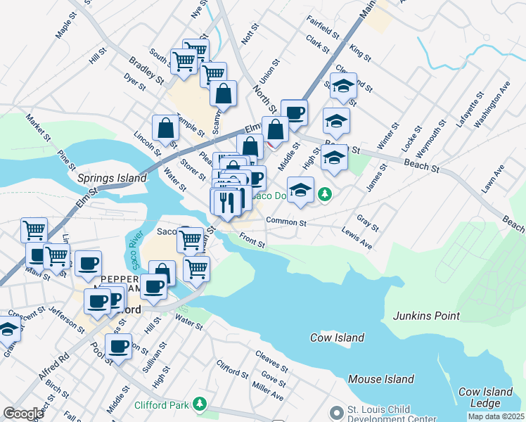 map of restaurants, bars, coffee shops, grocery stores, and more near 50 Free Street in Saco