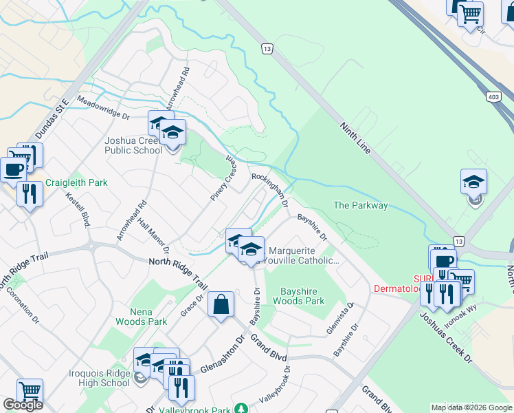 map of restaurants, bars, coffee shops, grocery stores, and more near 2250 Rockingham Drive in Oakville