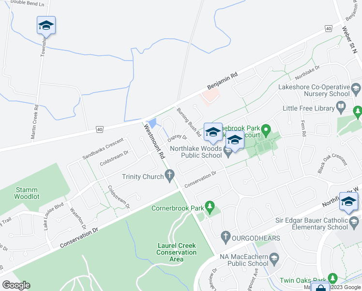 map of restaurants, bars, coffee shops, grocery stores, and more near 360 Stoneheight Place in Waterloo