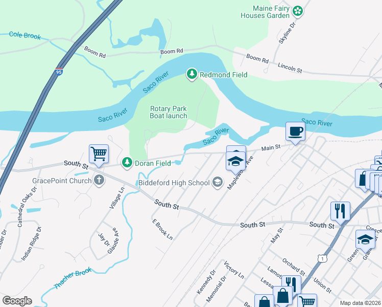 map of restaurants, bars, coffee shops, grocery stores, and more near 514 Main St in Biddeford