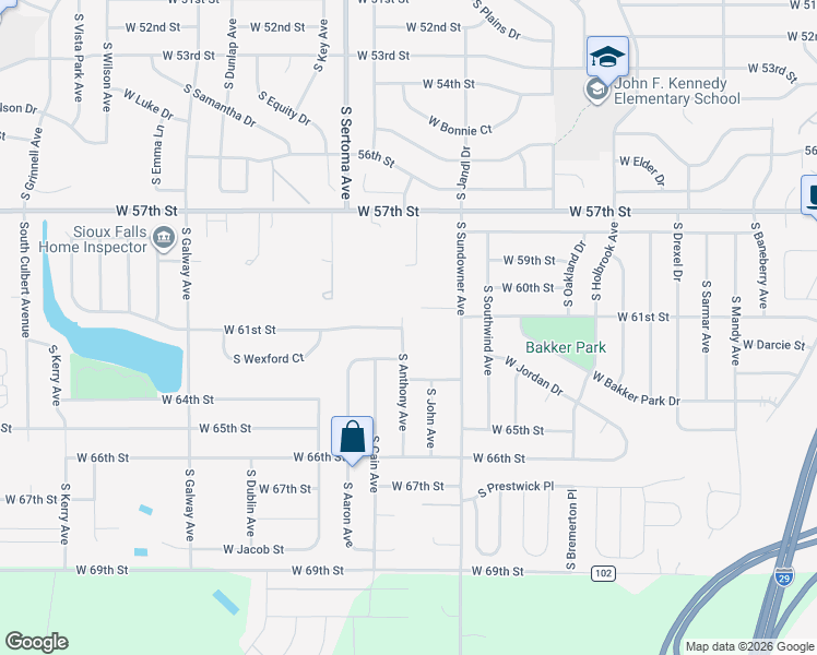 map of restaurants, bars, coffee shops, grocery stores, and more near 5316 South Anthony Avenue in Sioux Falls