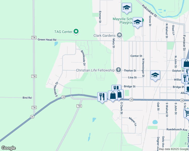 map of restaurants, bars, coffee shops, grocery stores, and more near 1393 Dayton Street in Mayville