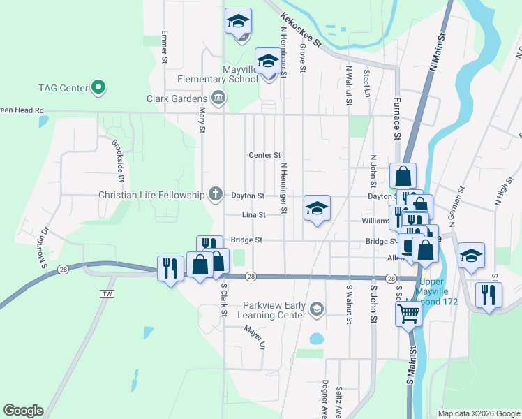 map of restaurants, bars, coffee shops, grocery stores, and more near 812 Lina Street in Mayville