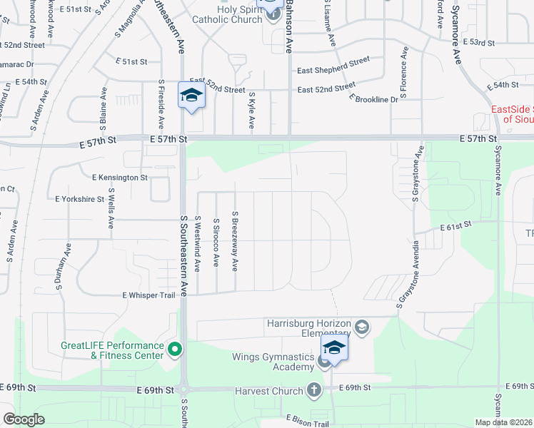 map of restaurants, bars, coffee shops, grocery stores, and more near 5301 South Chinook Avenue in Sioux Falls
