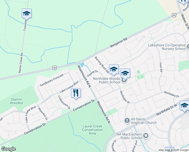 map of restaurants, bars, coffee shops, grocery stores, and more near 364 Stoneheight Place in Waterloo