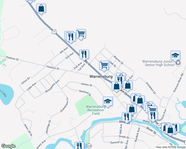 map of restaurants, bars, coffee shops, grocery stores, and more near 16 Hudson St in Warrensburg