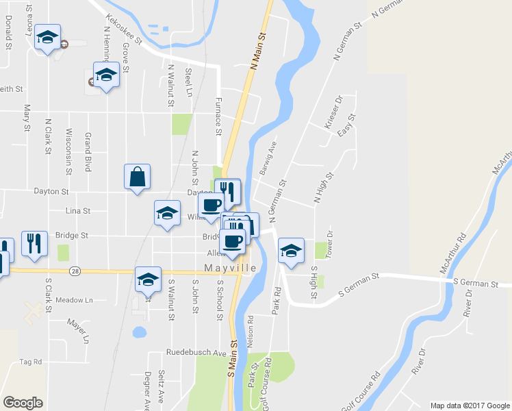 map of restaurants, bars, coffee shops, grocery stores, and more near 27 Burchard Avenue in Mayville