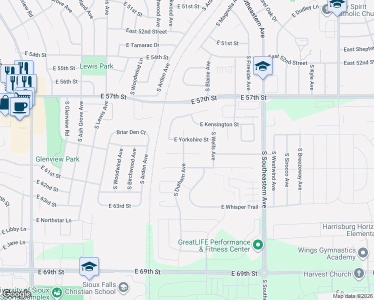 map of restaurants, bars, coffee shops, grocery stores, and more near 2500 East Carlyle Circle in Sioux Falls