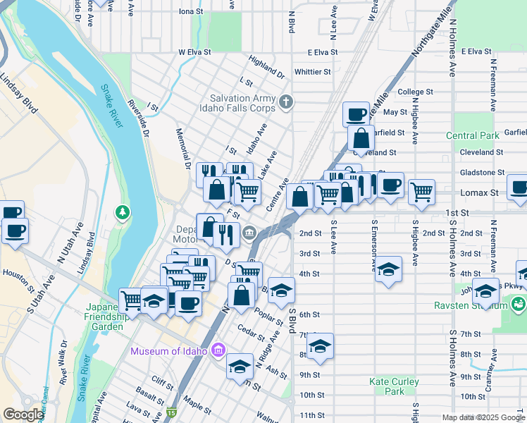 map of restaurants, bars, coffee shops, grocery stores, and more near 1000-1040 Centre Avenue in Idaho Falls