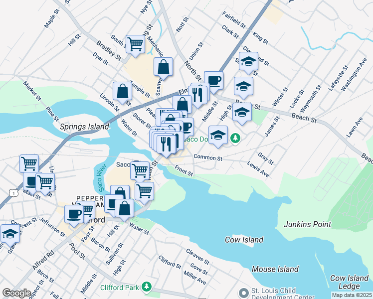 map of restaurants, bars, coffee shops, grocery stores, and more near 50 Free Street in Saco