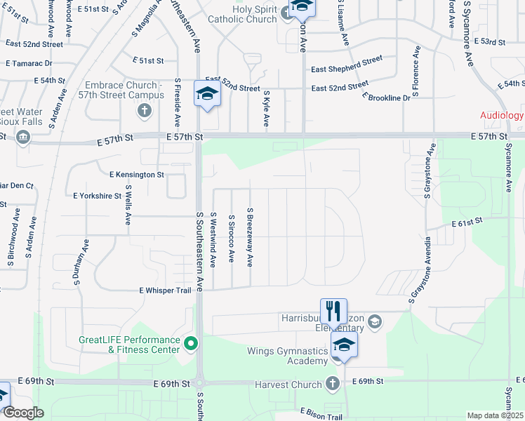 map of restaurants, bars, coffee shops, grocery stores, and more near 5301 South Solono Avenue in Sioux Falls