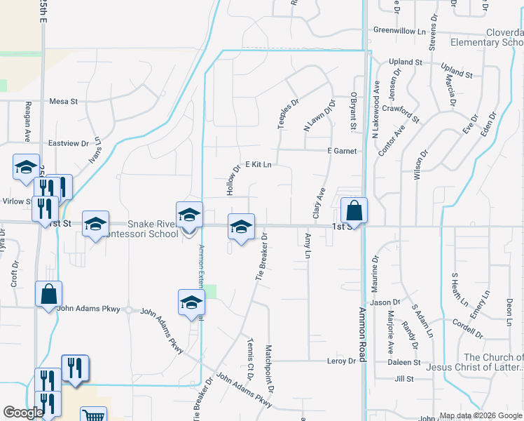 map of restaurants, bars, coffee shops, grocery stores, and more near 3227 1st Street in Idaho Falls