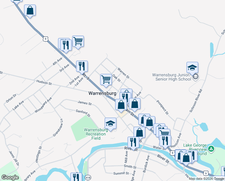 map of restaurants, bars, coffee shops, grocery stores, and more near 14 King Street in Warrensburg